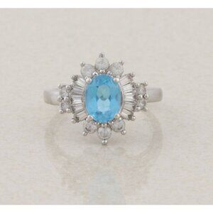 Sterling Silver Natural Blue Topaz and White Topaz Ring Ballerina Ring Size 7